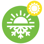Icon of a white sun and snowflake against a green circle