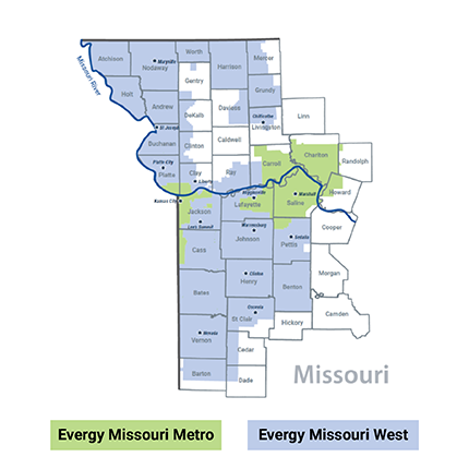 map showing the Evergy Missouri territories