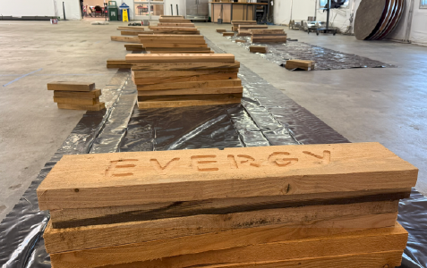 image of slabs of recycled power poles to be used to make planter boxes